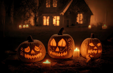 Halloween pumpkins on the lawn at night in front of the mansion. Generate AIの素材