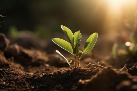 The concept of a green planet. A small seedling illuminated by the sun in the ground. Generate AI.の素材