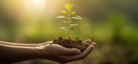 Two hands hold a small green seedling on a green background. Generate Ai.の素材