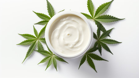 Open round jar with white cream on a light background. overhead view.の素材