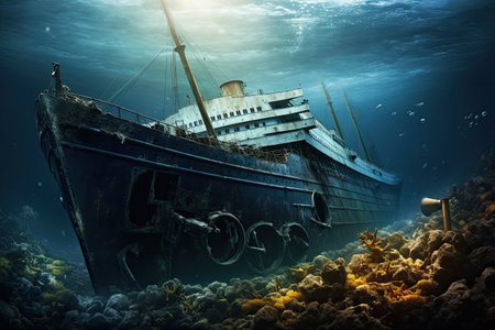 A large shipwreck at the bottom of the sea.の素材