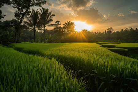 Rice fields against the backdrop of palm trees and sunset.の素材