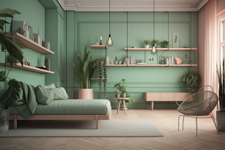 Scandinavian-style living room in light green and beige tones.の素材