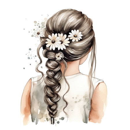 Girl with a braid decorated with flowers from the back.の素材