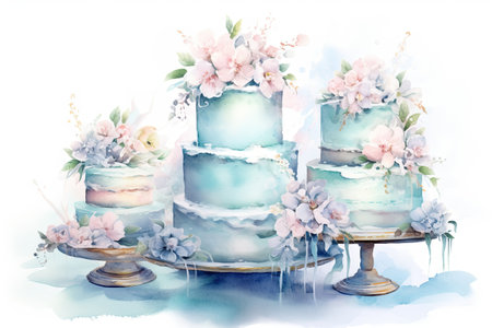 Watercolor illustration of blue wedding cake decorated with flowers and candles.の素材