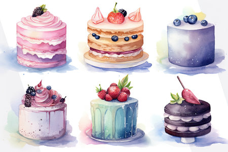 Cake collection. Watercolor hand drawn illustration on white background.の素材