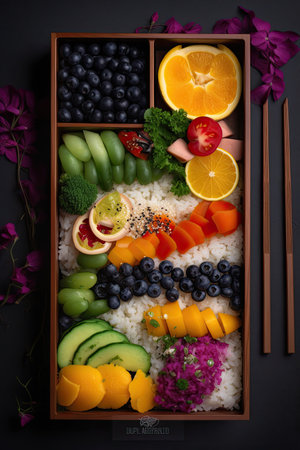 Healthy lunch box with rice, fruits and vegetables on black backgroundの素材