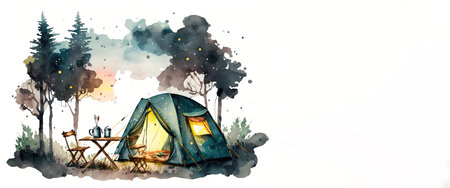 Camping in the woods. Watercolor painting. Vector illustration.の素材