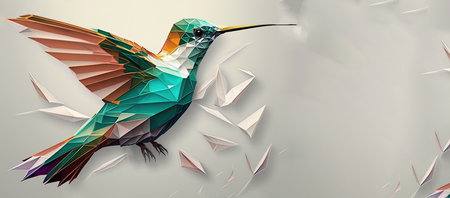 Low poly hummingbird flying in the sky. 3D illustration.の素材