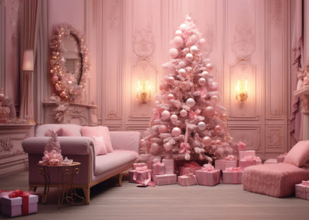 Christmas tree with gifts in luxury living room interior. 3d renderの素材
