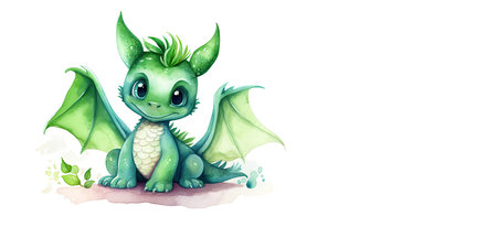 Cute green dragon isolated on white background. Watercolor illustration.の素材