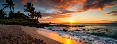 Panoramic view of beautiful sunset at Waikiki Beach, Oahu, Hawaii.の素材