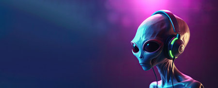 3d rendering of a male robot listening to music with headphones on dark backgroundの素材