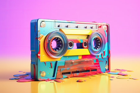 Retro cassette tape on a colorful background. 3d illustration.の素材