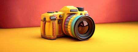 3d rendering of a camera on a red and yellow background.の素材