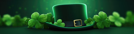 St. Patricks Day holiday concept. Green hat with clover on green backgroundの素材