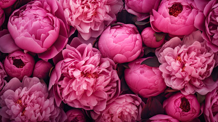Pink peony flowers as background, top view. Floral pattern. Flower Shop Concept.の素材