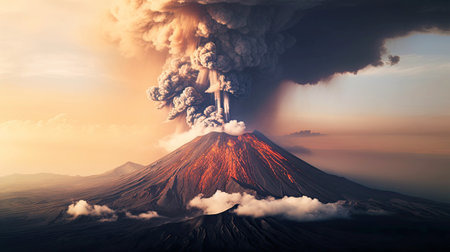 Volcanic eruption with smoke and lava flowing down the mountain. Natural disaster.の素材