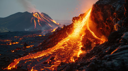 Scary volcanic eruption with flowing red magma.の素材