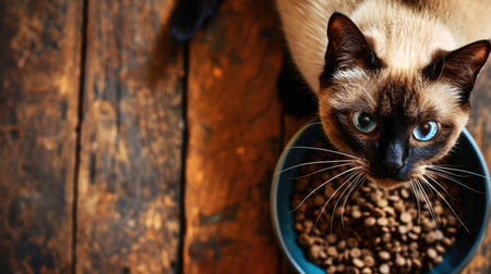 A Siamese cat eats dry pet food from a bowl on a wooden background. The concept of advertising pet products.の素材