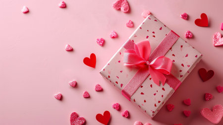 Valentine's day background with hearts and gift box on pink.の素材
