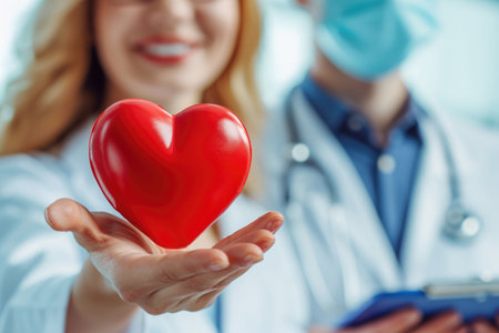 A doctor girl in a white coat holds a red heart in the palm of her hand.の素材