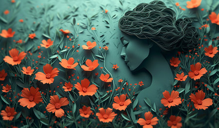 The face of a beautiful American woman surrounded by flowers and leaves. The concept of International Women's Day.の素材