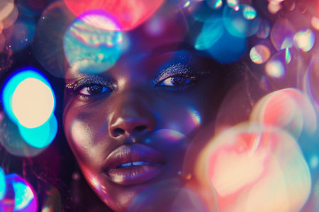 Beautiful african american girl with colorful bokeh lights.の素材