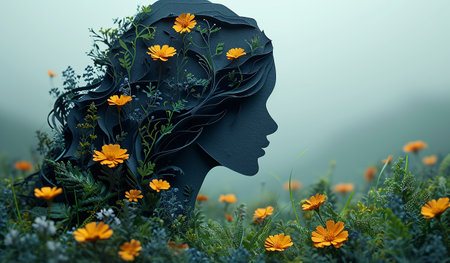 Silhouette of a beautiful female head with flowers in her hair. Concept of Psychology and Self-Knowledge.の素材