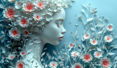 Female profile surrounded by white flowers and leaves.の素材