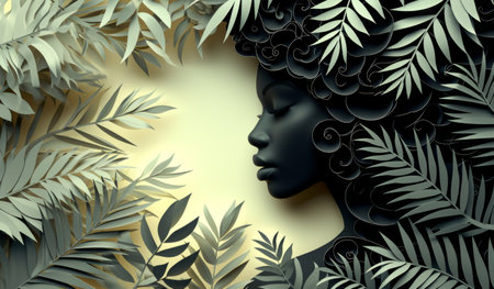 Beautiful woman face surrounded by tropical leaves.の素材