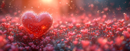 A red heart on a background of red flowers.の素材