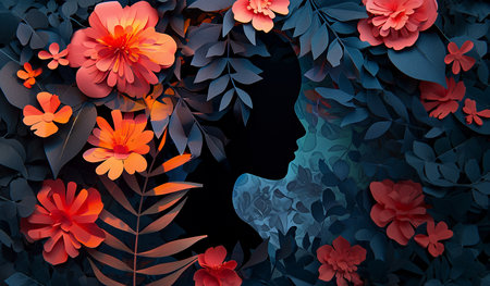 Silhouette of a girl with flowers and leaves on a dark background.の素材