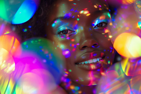 Beautiful african american girl with colorful bokeh lights.の素材