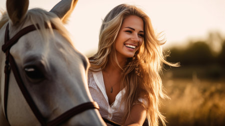 Portrait of a beautiful blonde girl with a horse in the park.の素材