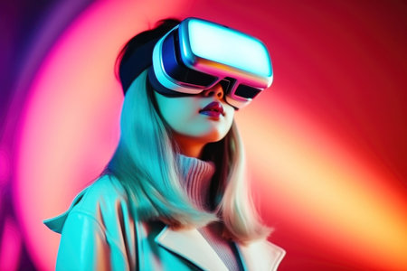 Fashion portrait of a beautiful young woman wearing virtual reality glasses.の素材