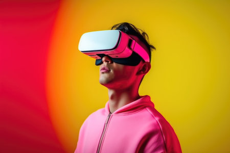 Young man in pink hoodie using virtual reality headset on colorful background.の素材