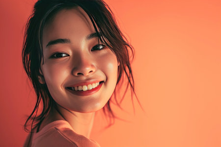 Portrait of beautiful young Asian woman smiling on orange background.の素材