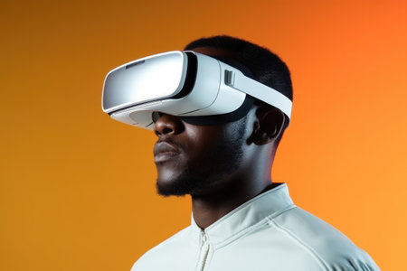 Young african american man using virtual reality headset on orange background.の素材