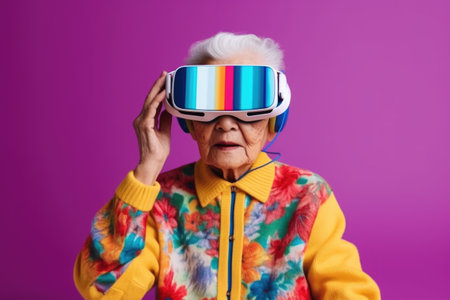 Elderly asian woman wearing virtual reality glasses over purple background.の素材