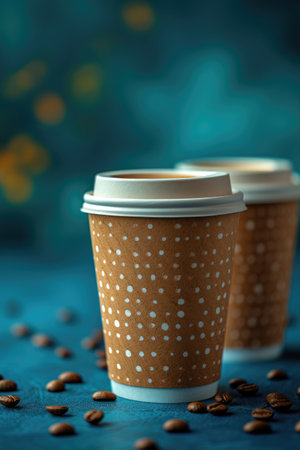 Coffee cups with coffee beans on blue background, closeup.の素材