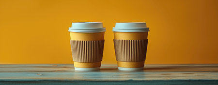 Two paper cups of coffee on a wooden table against a yellow backgroundの素材