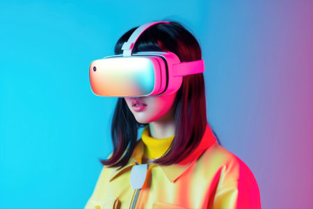 Young woman wearing virtual reality. Studio shot over blue background.の素材