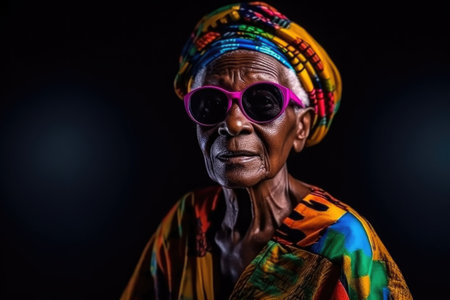 Portrait of an elderly African woman wearing sunglasses and a colorful scarf.の素材