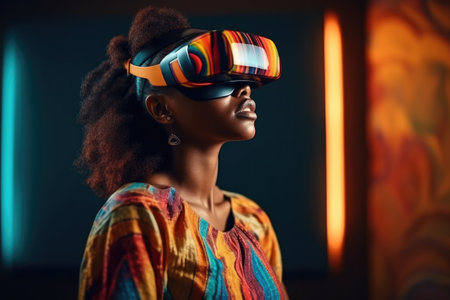 African american woman with afro hairstyle wearing virtual reality headset.の素材