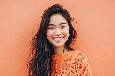 Portrait of a beautiful young Asian woman smiling against orange wall.の素材