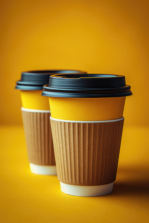 Three paper cups of coffee on a yellow background. Close-up.の素材