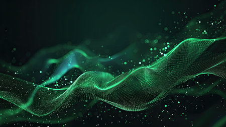Abstract futuristic illustration in the field of information technology. A low-poly shape with connecting green dots and lines on a dark background. Visualization of big data.の素材
