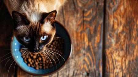 The concept of advertising pet products. Siamese cat and bowl of dry cat food on wooden background.の素材