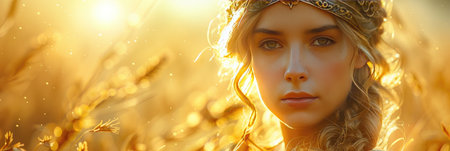 Beautiful young woman in golden wheat field. Concept of Peace.の素材